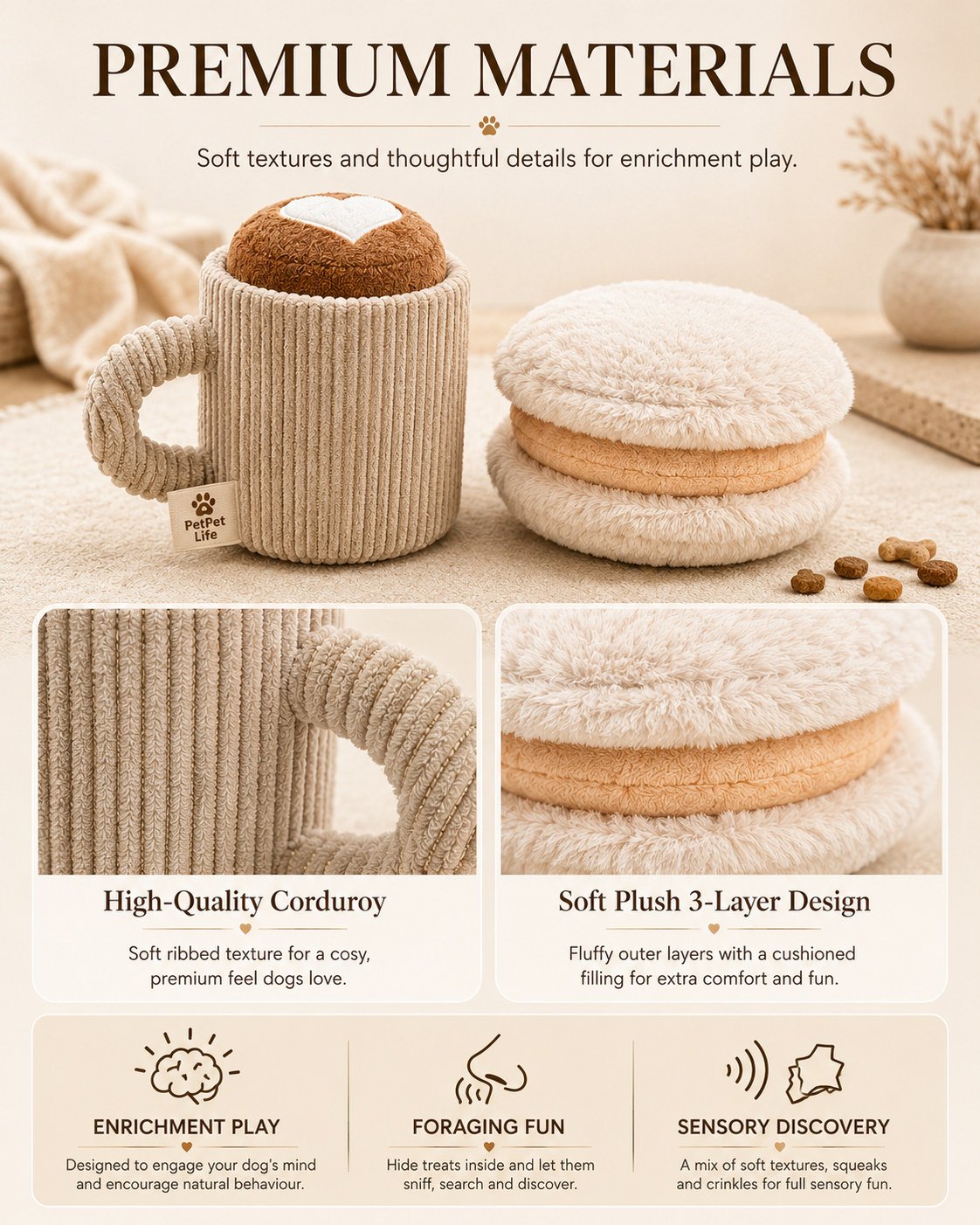 4-in-1 The Nordic Café Collection — Three-Piece Enrichment Set Baguette Buddy · Puppuccino Mug · Ice Cream Sandwich